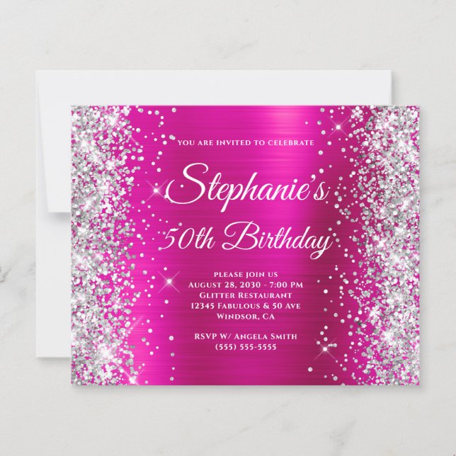 Silber Glitter Magenta Folie Monogramm 50. Geburts (Vorderseite)