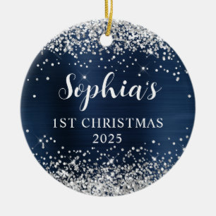Silber Glitter Marineblau Folie 1. Weihnachten Fot Keramik Ornament