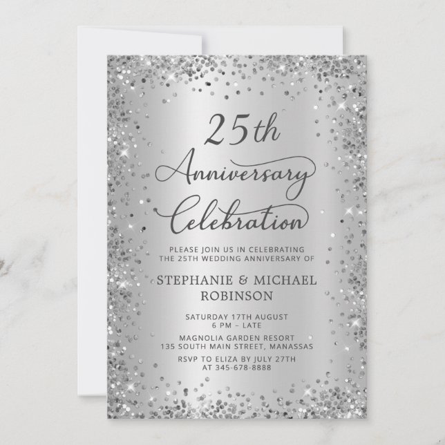 Silber Glitter Metallic 25. Hochzeitstag Einladung (Vorderseite)