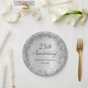 Silber Glitter Metallic 25. Hochzeitstag Pappteller