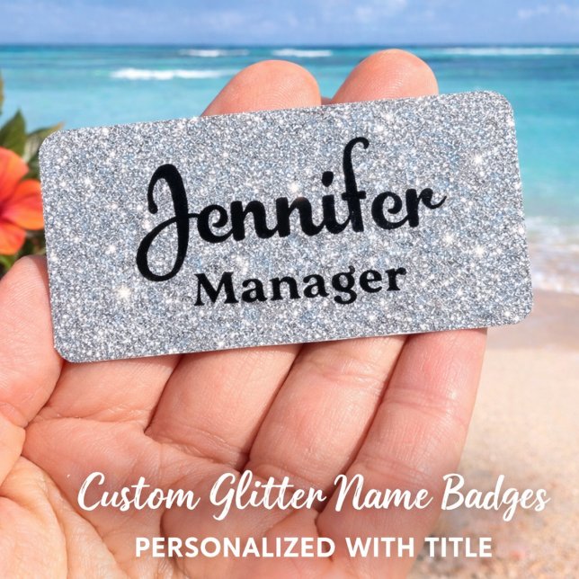 Silber-Glitter-Namensschild PIN oder MAGNET Arbeit Namensschild (Personalized Silver Glitter Work Badge)