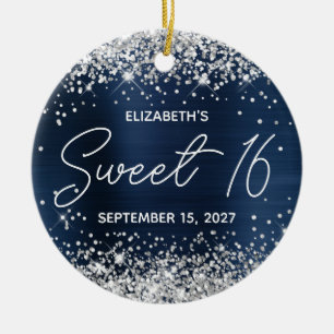 Silber Glitter Navy Blau Fancy Sweet 16 Foto Keramik Ornament