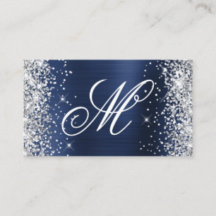 Silber Glitter Navy Blau Folie Fancy Monogramm Visitenkarte