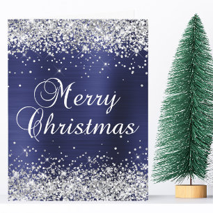Silber Glitter Navy Blau Folie Großer Frohe Weihna Karte