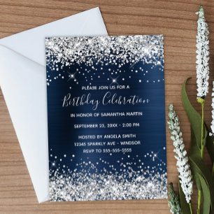 Silber Glitter Navy Blau Folien Geburtstagsfeier Einladung