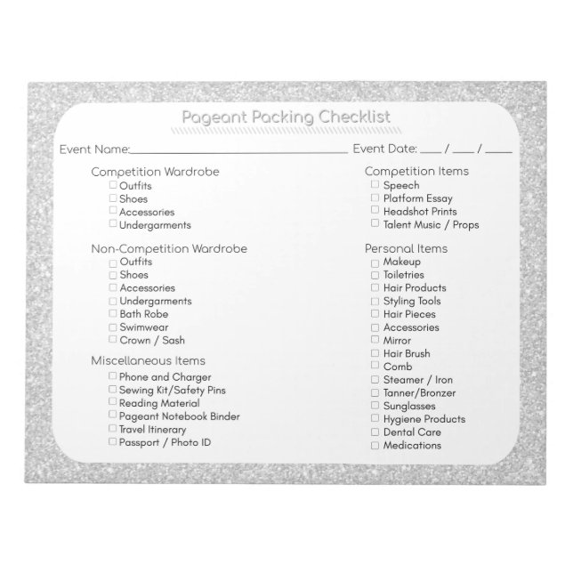 Silber-Glitter-Pageant-Packliste Notizblock (Vorderseite)