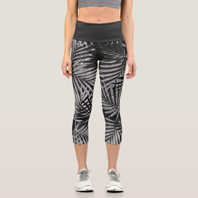 Silber Glitter Palmenbaum Schwarz Modern Abstract  Capri Leggings (Vorderseite)