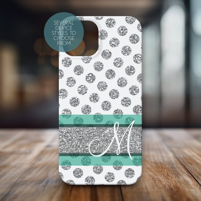 Silber-Glitter-Polka-Punkte-Muster mit Monogramm iPhone Hülle (Personalized Phone Case with Huge Monogram)