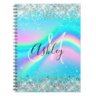 Silber Glitter Regenbogen Welle Aqua Ombre Monogra Notizblock