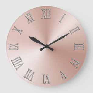 Silber-Glitter-Römische-Ziffern Blass-Rosa-Gold-Om Große Wanduhr