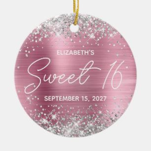 Silber Glitter Rosa Moderne Fancy Sweet 16 Foto Keramik Ornament