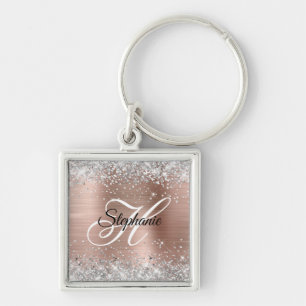 Silber Glitter Rose Gold Folie Fancy Monogramm Schlüsselanhänger