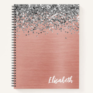 Silber Glitter Roségold Gebürstetes Metall Monogra Notizbuch