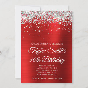 Silber Glitter Rot Glam 30. Geburtstag Einladung