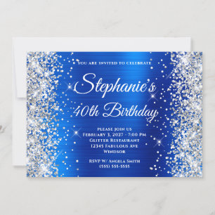 Silber Glitter Royal Blau Monogramm 40. Geburtstag Einladung