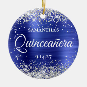 Silber Glitter Saphirblau Quinceañera Foto Keramik Ornament