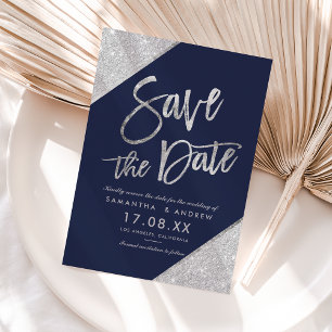Silber-Glitter-Schriftzug navyblaues Save-the-Date Ankündigungspostkarte