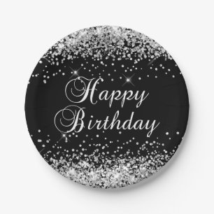 Silber Glitter Schwarz Alles Gute zum Geburtstag Pappteller