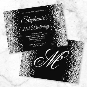 Silber Glitter Schwarz Fancy Monogramm 21. Geburts Einladung