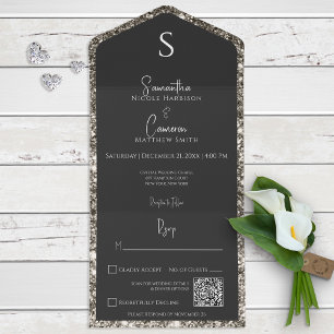 Silber Glitter & Schwarz Glam QR Code All In One Einladung