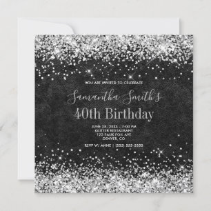 Silber Glitter Schwarz Leder 40. Geburtstag Einladung