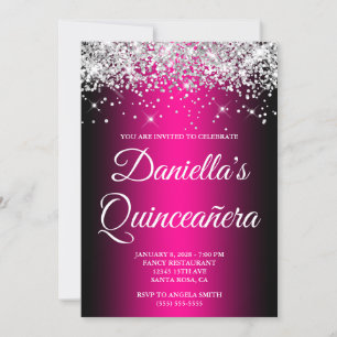Silber Glitter Schwarz Magenta Ombre Quinceañera Einladung
