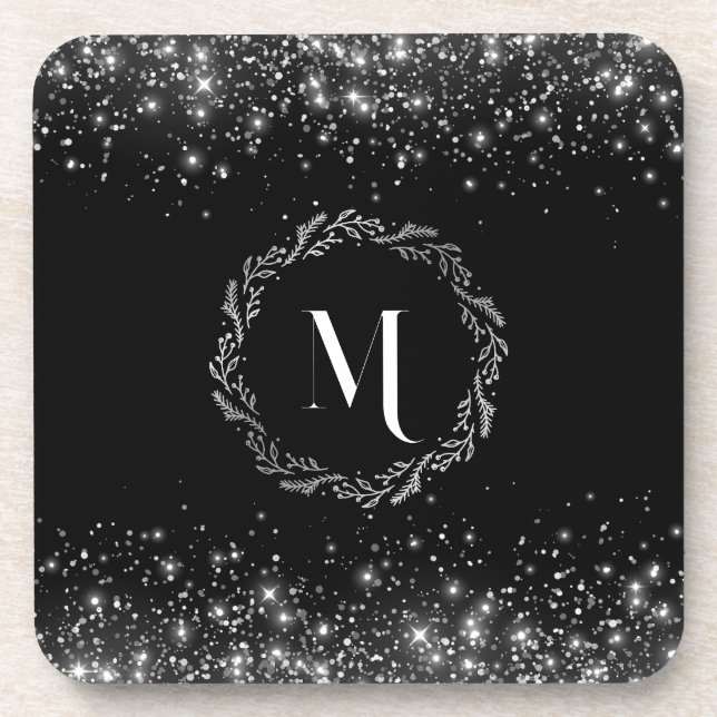 Silber Glitter Schwarz Monogramm Getränkeuntersetzer (Vorderseite)