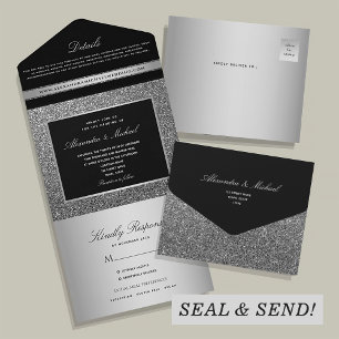 Silber Glitter Schwarze Hochzeit All In One Einladung