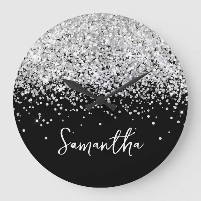 Silber Glitter Schwarze Schrift Name Große Wanduhr (Vorderseite)