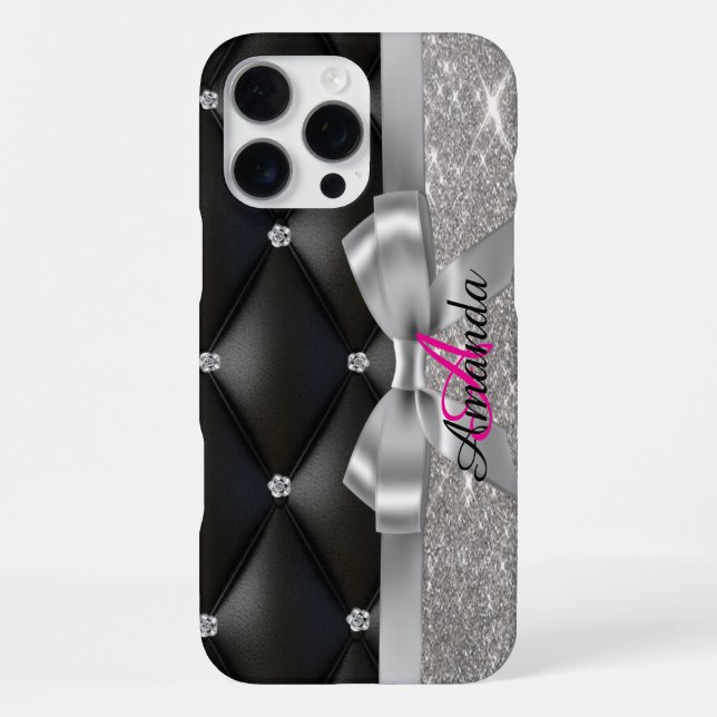 Silber Glitter schwarzes Monogramm  iPhone Hülle (Rückseite)