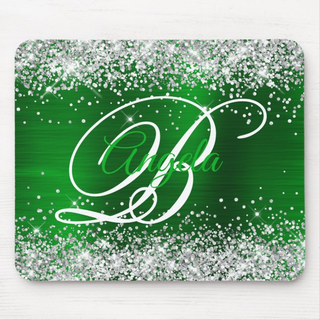 Silber Glitter Smaragdgrün Fantasie-Monogramm Mousepad (Vorne)