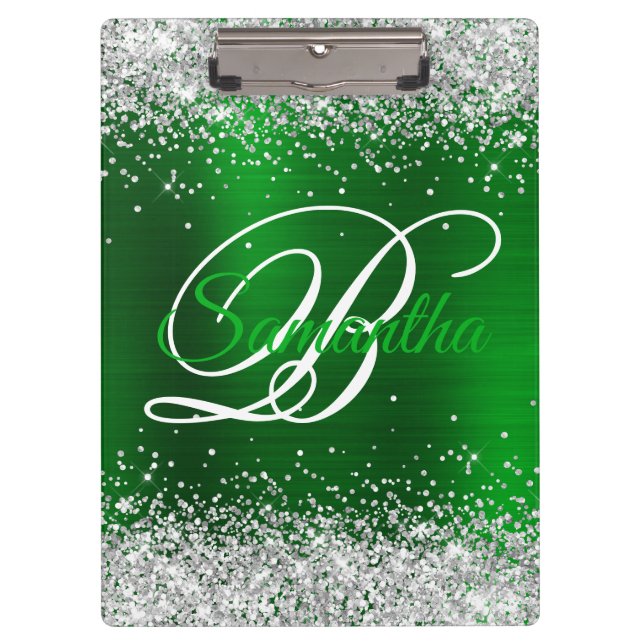 Silber Glitter Smaragdgrün Folie Fancy Monogramm Klemmbrett (Vorderseite)