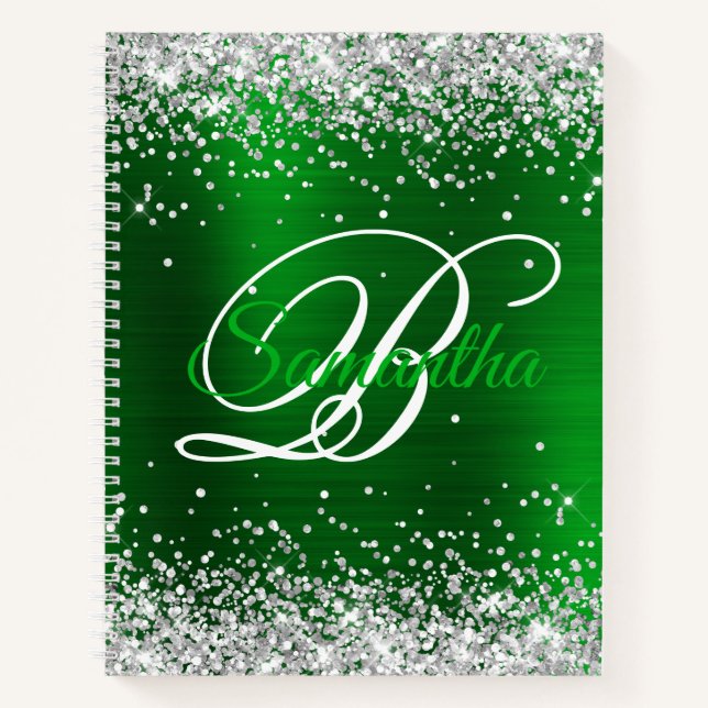 Silber Glitter Smaragdgrün Folie Fancy Monogramm Notizbuch (Vorderseite)