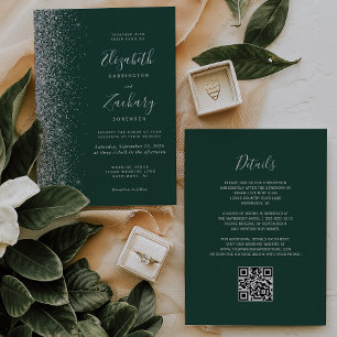 Silber Glitter Smaragdgrüner QR Code Hochzeit Einladung