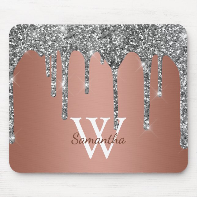 Silber-Glitter-Sparkle-Drip-Roségold-Monogramm Mousepad (Vorne)