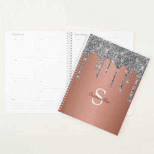Silber-Glitter-Sparkle-Drip-Roségold-Monogramm Planer
