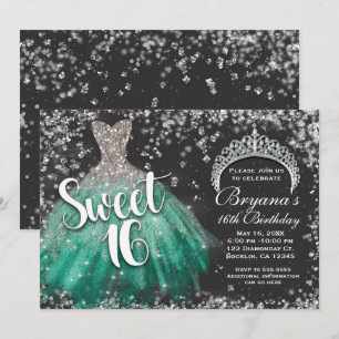 Silber Glitter Teal Kleid Tiara Dark Sweet 16 Einladung