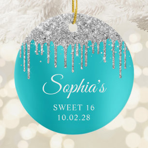 Silber-Glitter-Tropfen Aqua Blau Glam Sweet 16 Fot Keramik Ornament