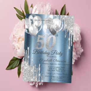 Silber Glitter Tropfen Ballons Blau Metallic 50er Einladung