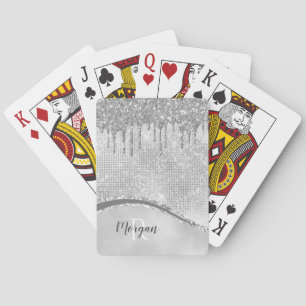 Silber-Glitter-Tropfen & Glanz, Name & Monogramm Spielkarten
