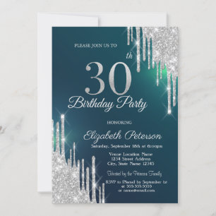 Silber Glitter Tropfen Grün 30. Geburtstag Einladung