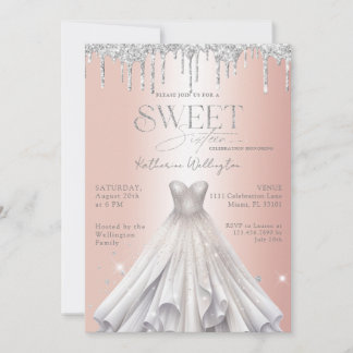 Silber-Glitter-Tropfen-Kleid Roségold Sweet 16 Einladung