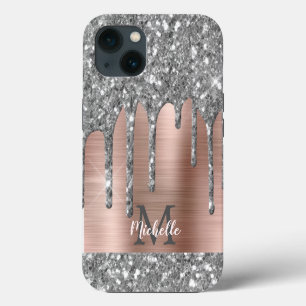 Silber Glitter-Tropfen Rose Gold Metall-Monogramm iPhone 13 Hülle