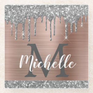 Silber Glitter-Tropfen Roségold Namens-Monogramm Glasuntersetzer