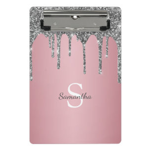 Silber-Glitter-Tropfen Roségold-Rosa Monogramm Nam Mini Klemmbrett
