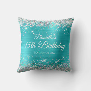 Silber Glitter Türkis Blau 15. Geburtstag Kissen