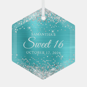 Silber Glitter Türkis Blau Folie Sweet 16 Ornament Aus Glas