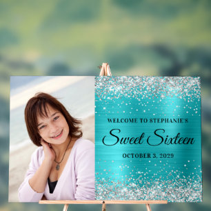 Silber Glitter Türkis Blau Folie Sweet Sixteen Acrylschild