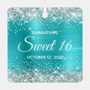 Silber Glitter Türkis Blau Ombre Folie Sweet 16 Ornament Aus Metall