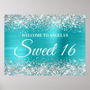 Silber Glitter Türkis Blau Sweet 16 Willkommen Poster
